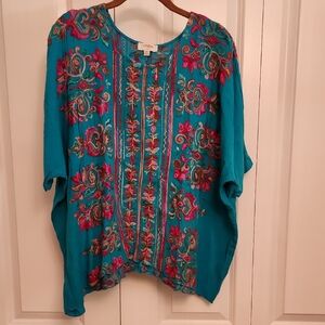 Umgee Turquoise Blouse with Multicolor Embroidery